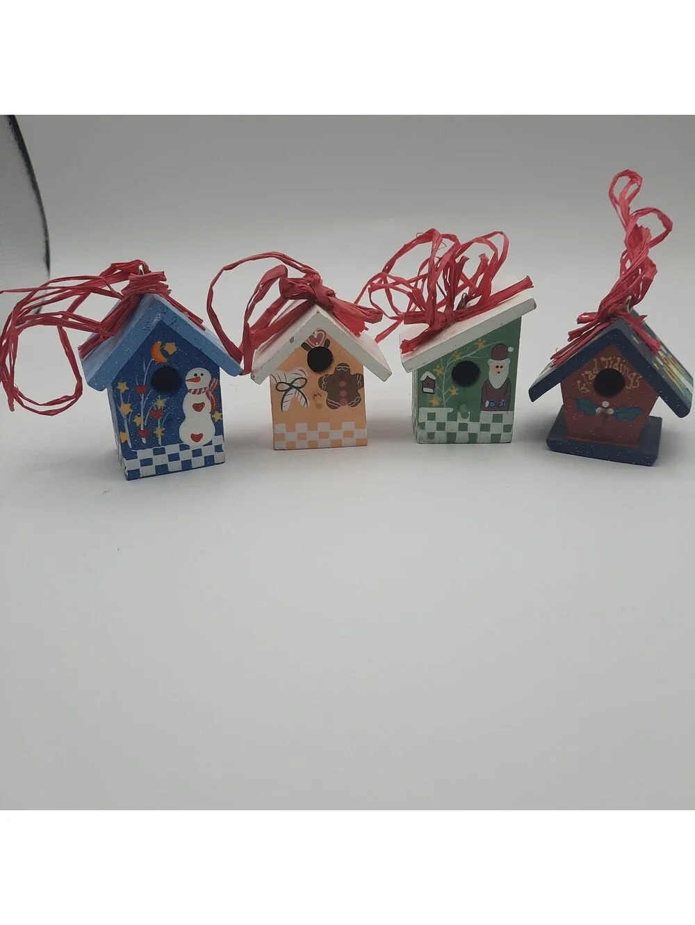 Lot of 4 Small Birdhouse Ornaments  Wood w/Raffia Hangers Chritmas/Holidays